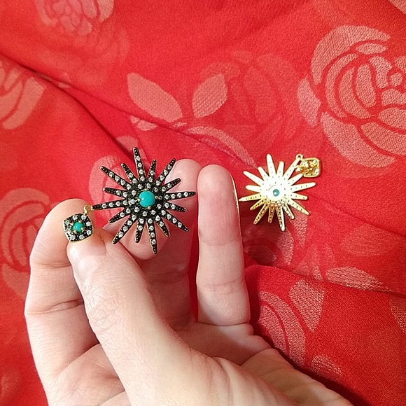 14K Yellow Gold Plated Turquoise & Swarovski Crystal Accented Starburst Earrings - Picture 4 of 4